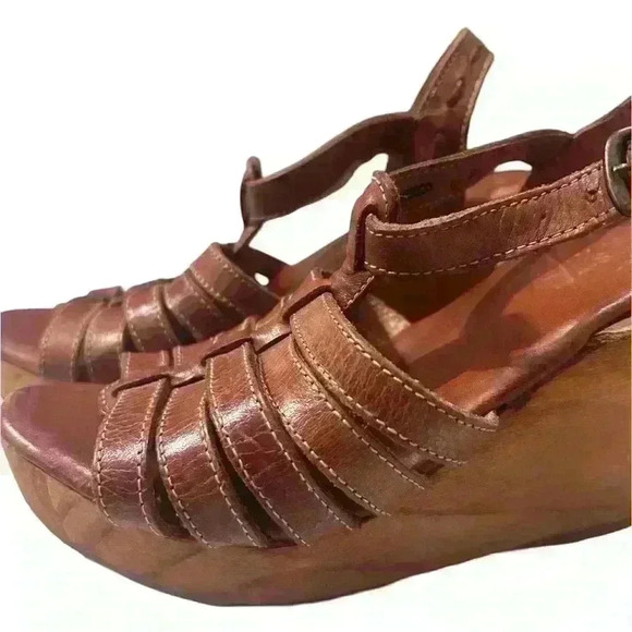 Bed Stu Woven Sling Back Brown Leather Wooden Wedge Sandals Women Sz 8 - Picture 6 of 7